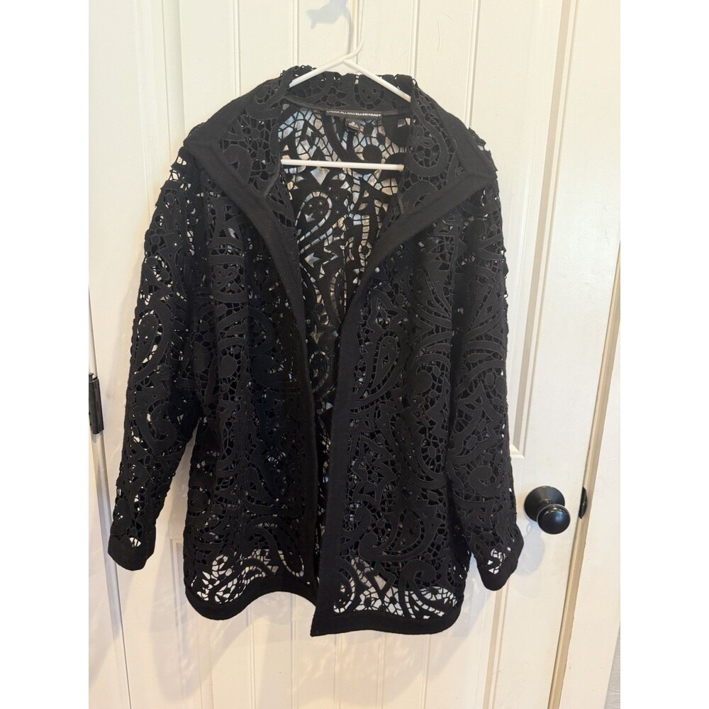 Linda Allard Ellen Tracy 18 Wool Black Cut Out Lace Piece Open Front XL